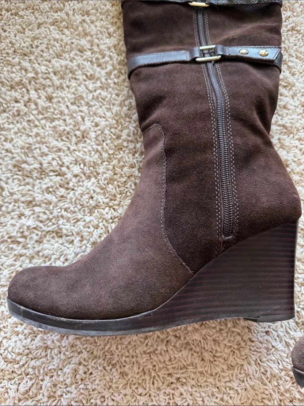 ANTONIO MELANI Brown Suede Wedge Knee Boots with Strap Accents